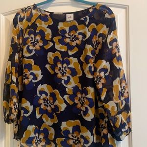 Blue, orange, and tan floral blouse, Cabi